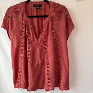 LDLA Sz L Terra Cotta Rayon Blend Lightweight Relaxed Tunic w/ Lace Vneck Cap Sl